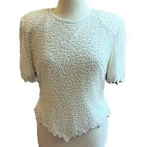 Laurence Kazar Vintage 80s Silk Beaded Sequin Top Size Petite L Ivory Pearl